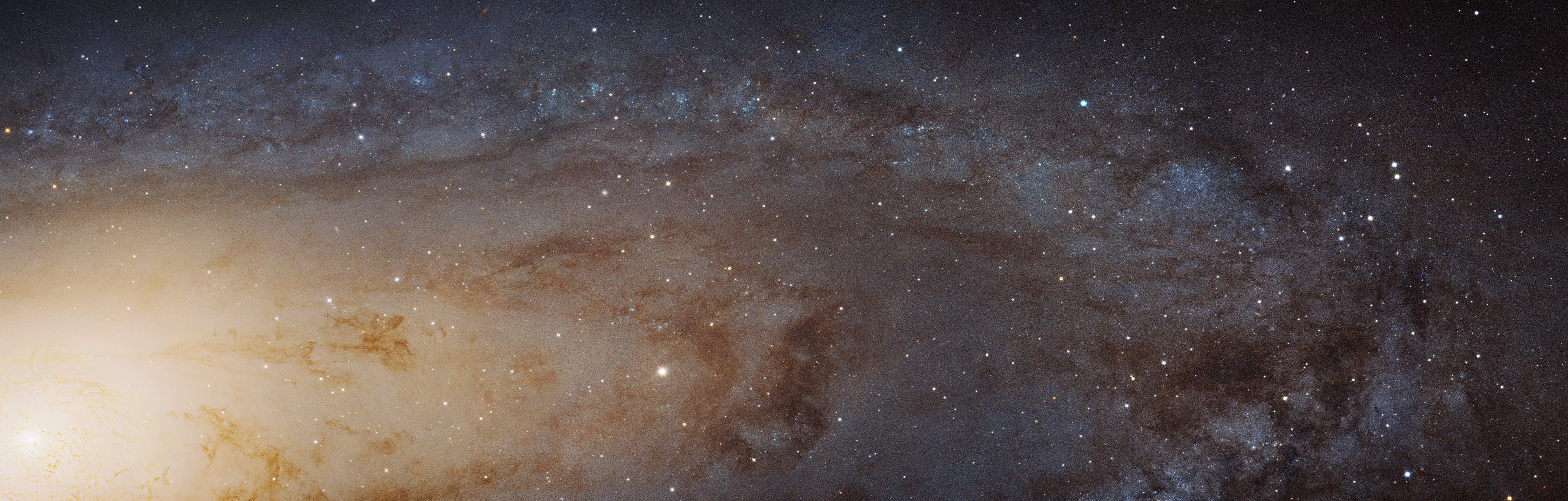 Hubble’s view of Andromeda: dense starlight crossed by dark dust lanes.